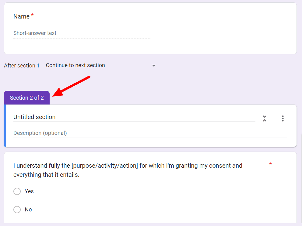 Image accompanying: Step 5: Split up questions into sections appropriately