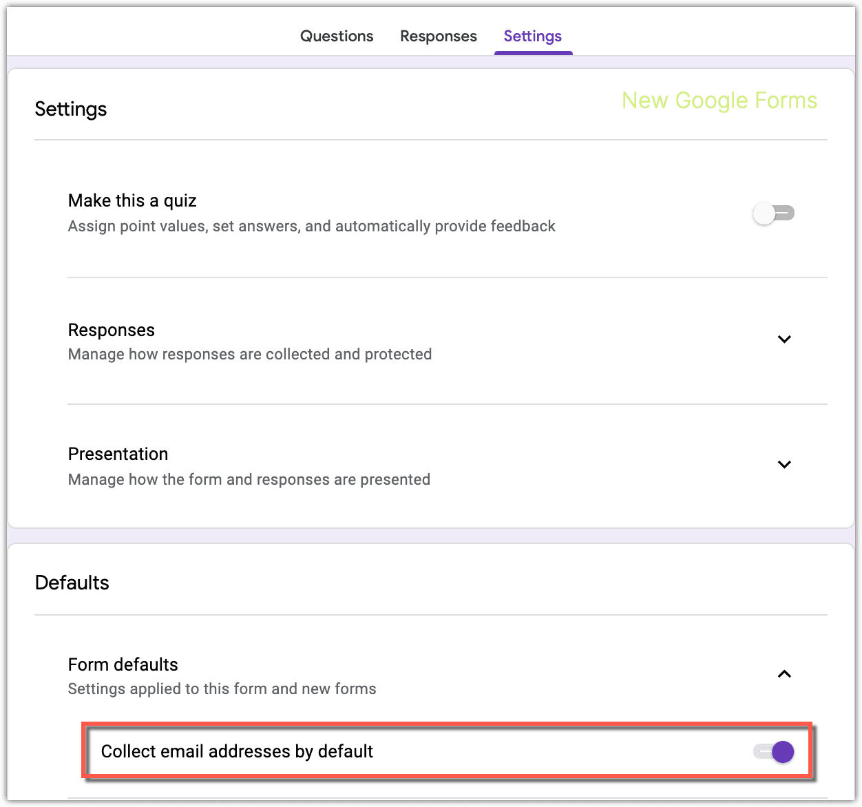 Image accompanying: Defaults settings for Google Forms to collect email address