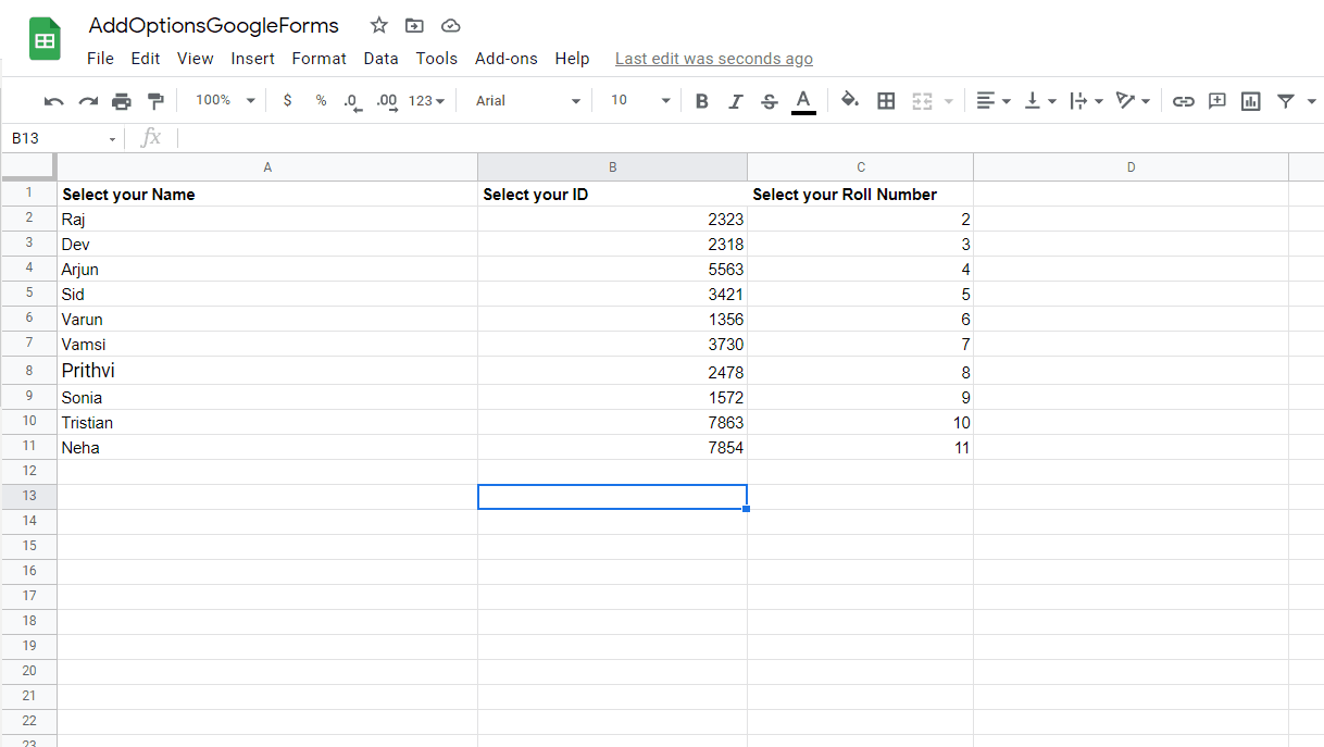 Image accompanying: Step 2: Add the questions to the Google Sheet