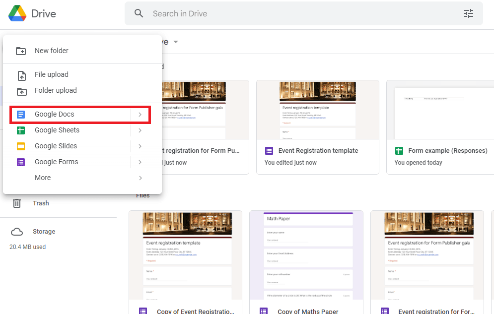Image accompanying: Step 1: To create a fillable form start by opening a new Google Doc