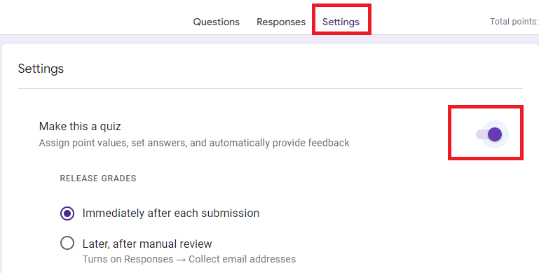 Image accompanying: Step 2: Make the Google Form a quiz