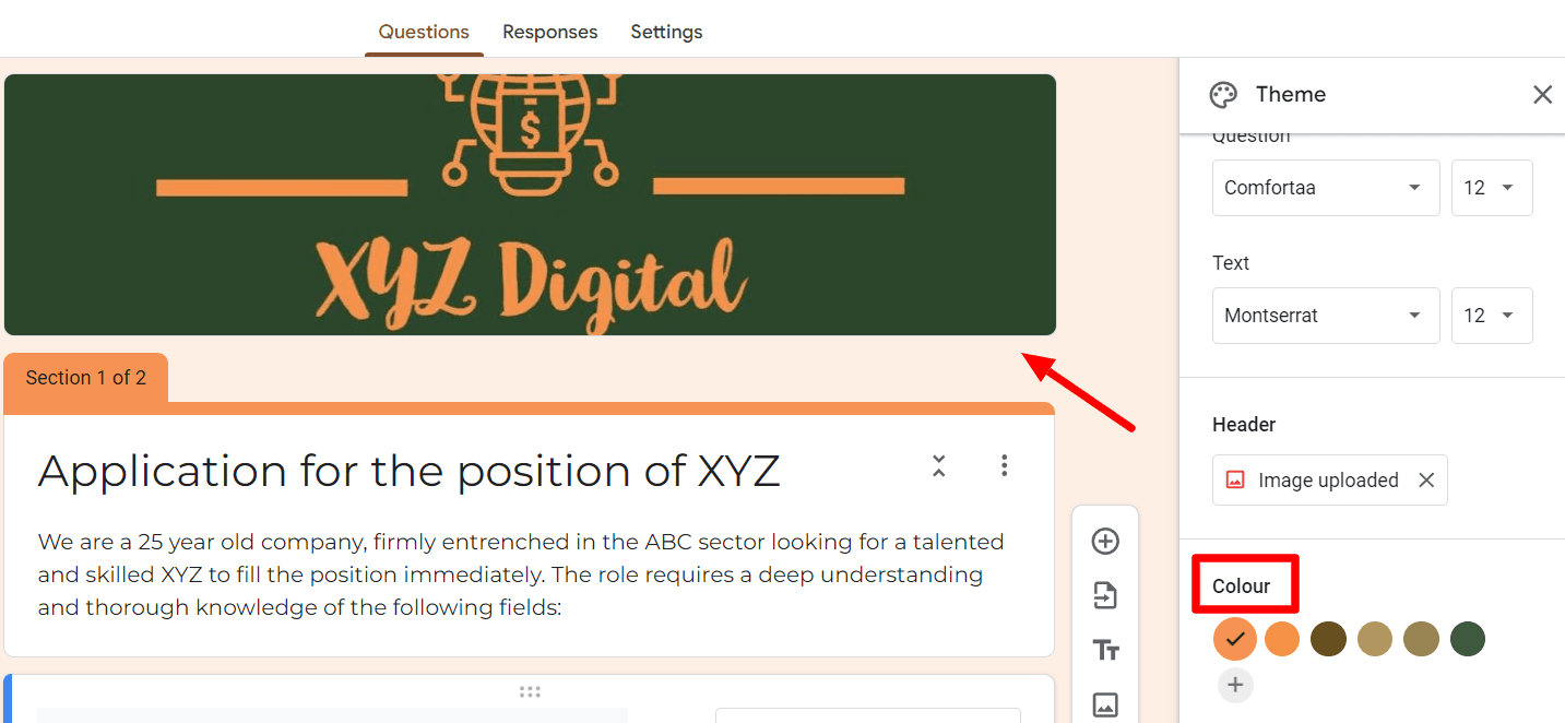 Image accompanying: Step 4: Customize your Google Forms job application form to match the branding