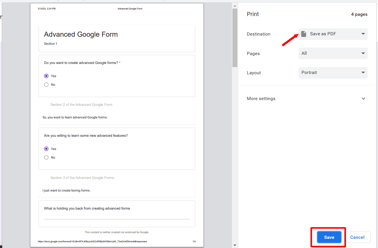 Image accompanying: Step 4: Save the Google Forms responses as a PDF