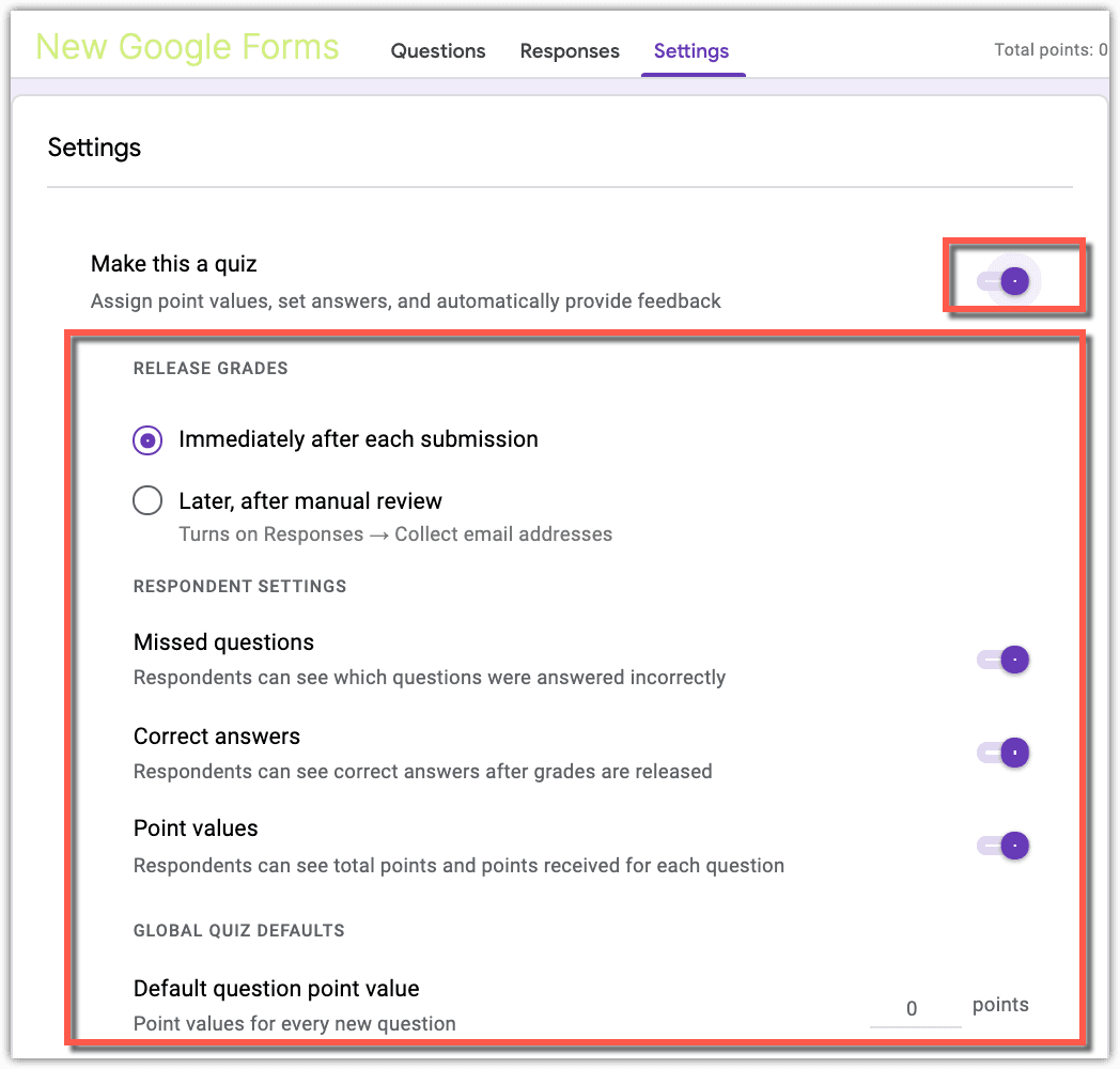 Image accompanying: Quiz settings