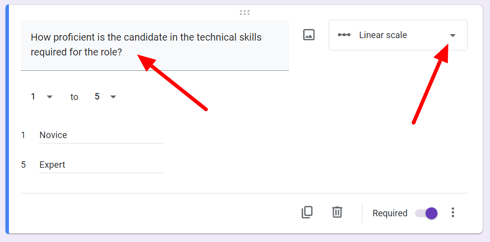 Image accompanying: Step 3: Use linear scale questions to rate candidate