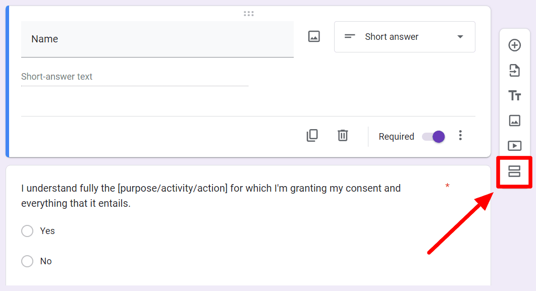 Image accompanying: Step 5: Split up questions into sections appropriately