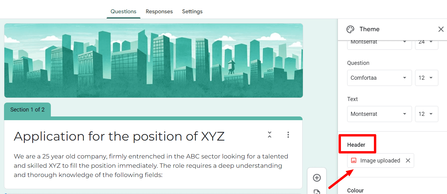 Image accompanying: Step 4: Customize your Google Forms job application form to match the branding