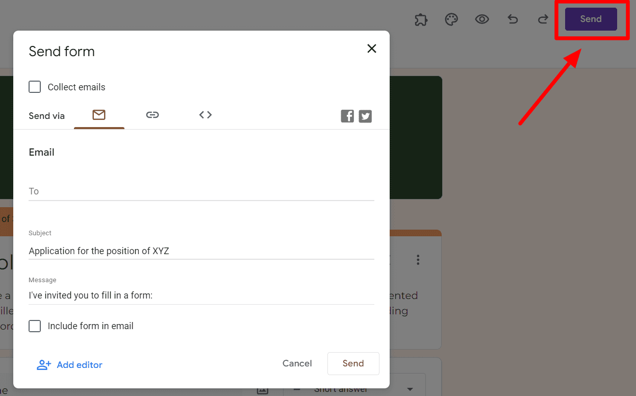 Image accompanying: Step 6: Send the Google Forms job application form to your applicant