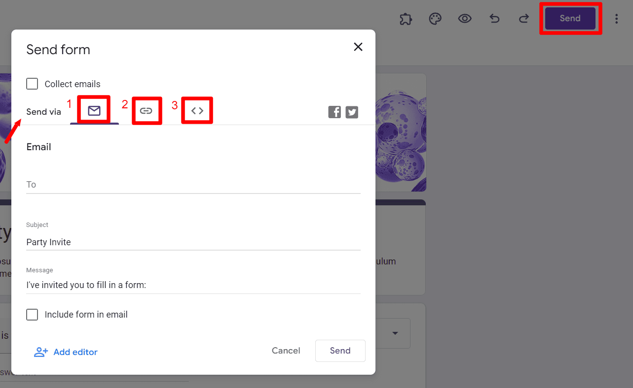 Image accompanying: Step 2: Click the Send button to open up Google Form share settings
