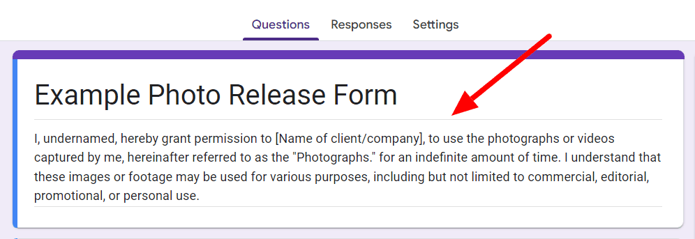 Image accompanying: Step 2: Enter (in detail) what they’re agreeing to in the photo release form description