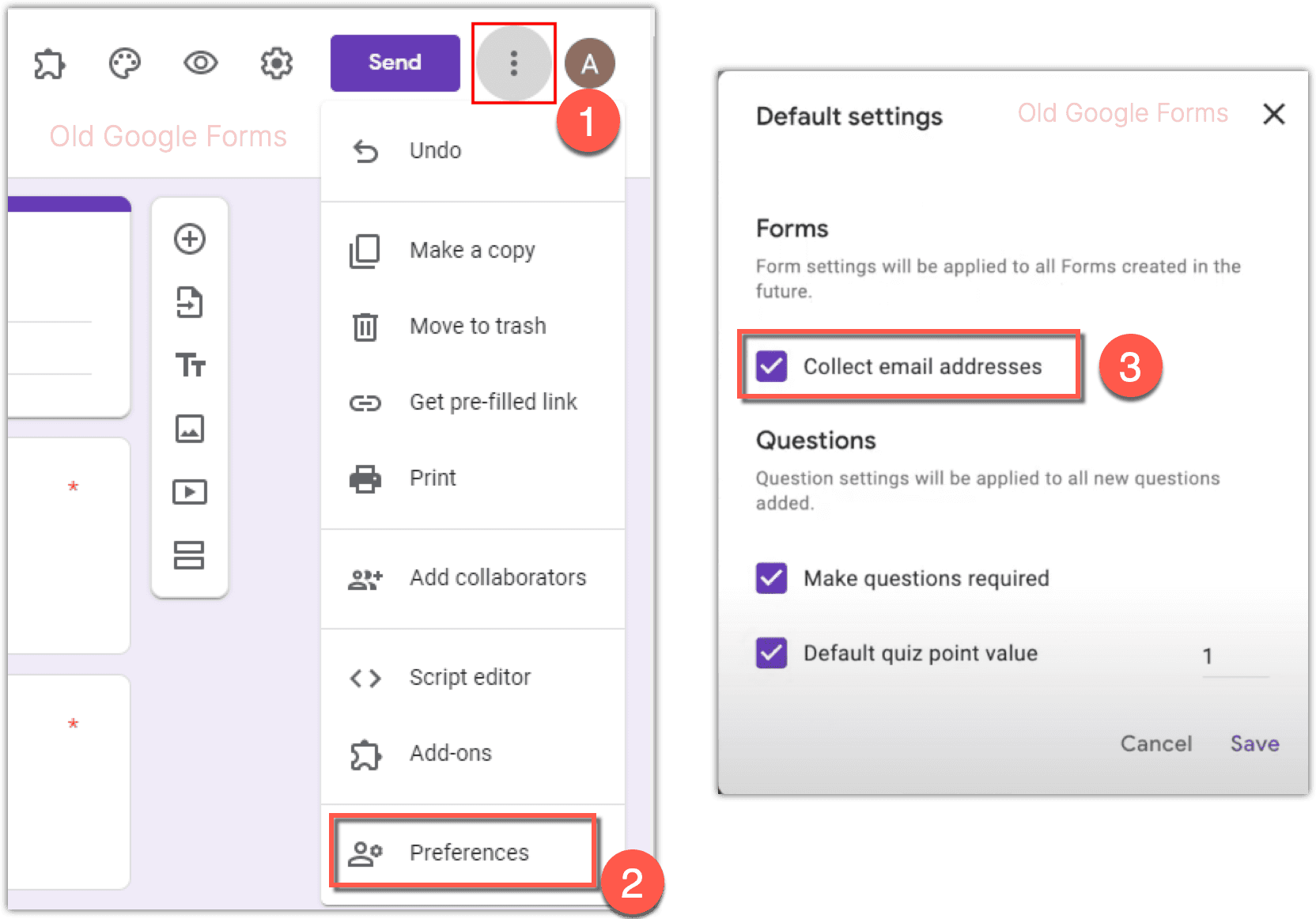 Image accompanying: Defaults settings for Google Forms to collect email address