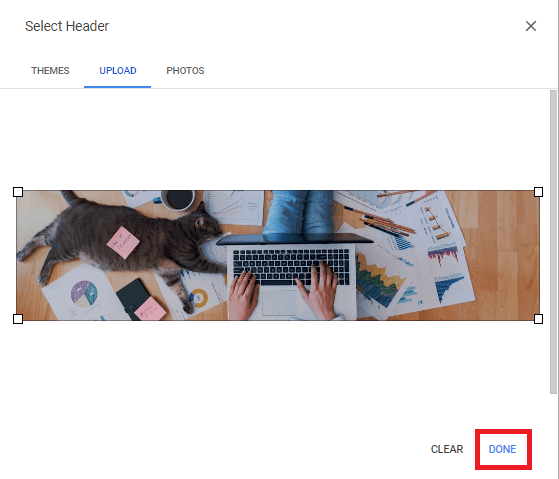 Image accompanying: Step 4: Click “Done” to apply your Google Form header image