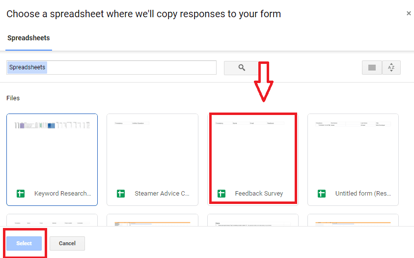 Image accompanying: Step 4: Select or create a spreadsheet from Google Forms responses