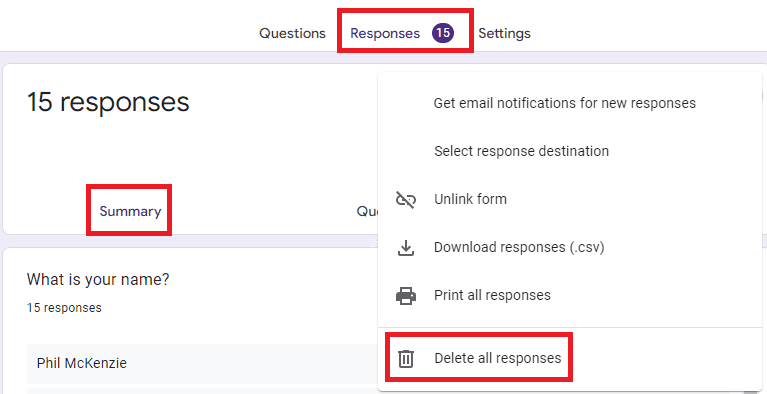 Image accompanying: Step 3: Delete the Google Forms response