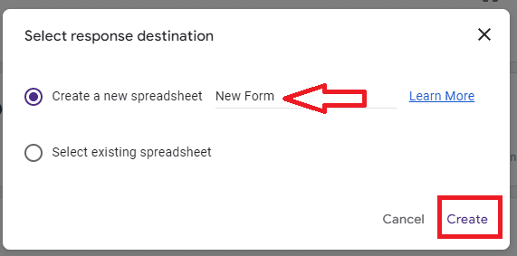 Image accompanying: Step 4: Select or create a spreadsheet from Google Forms responses