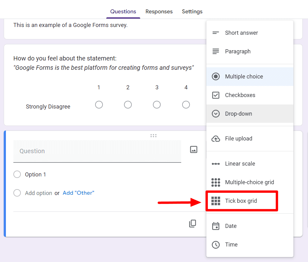 Image accompanying: Step 3: Choose the Google Forms checkbox grid option