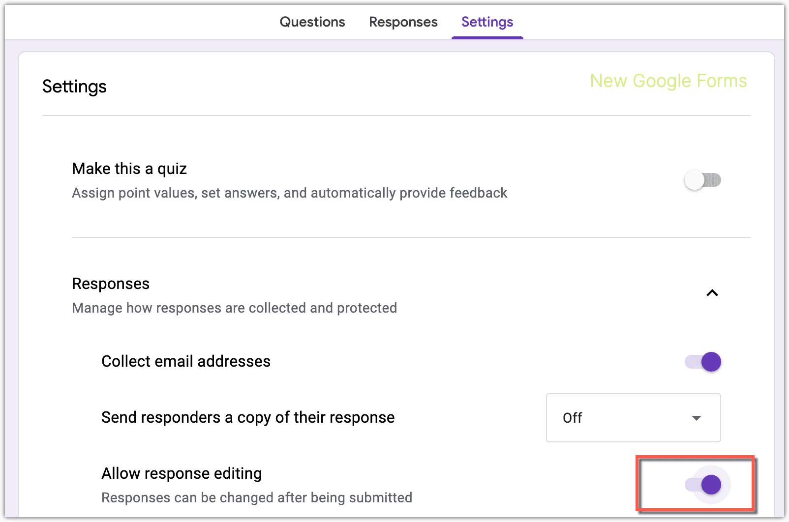 Image accompanying: Edit responses setting in Google Forms