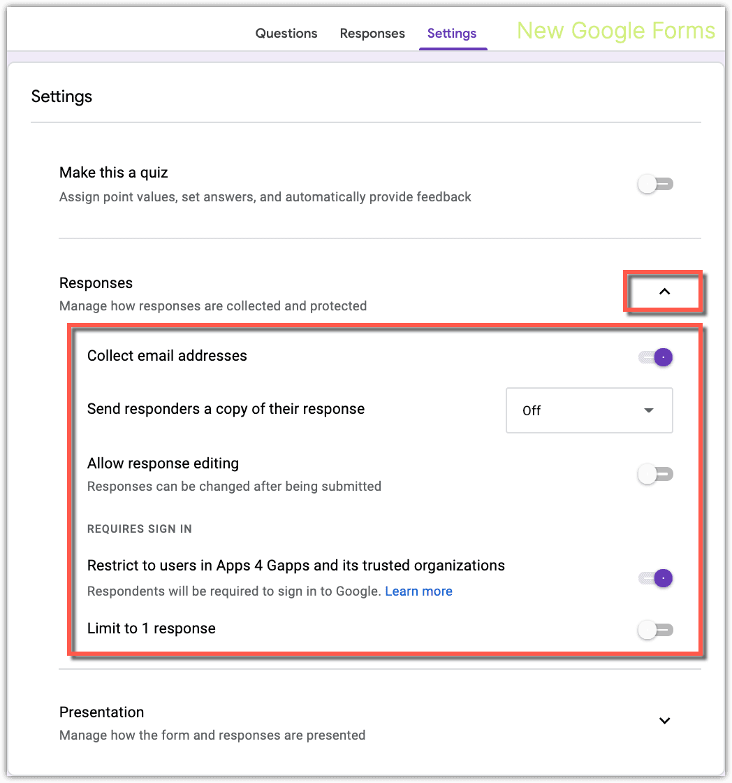Image accompanying: Responses settings
