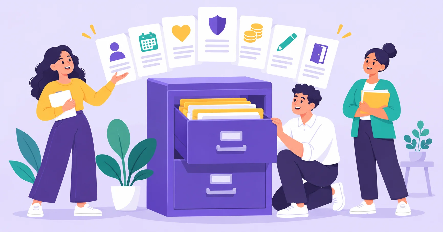 A small business team organizing employee documents in a filing cabinet
