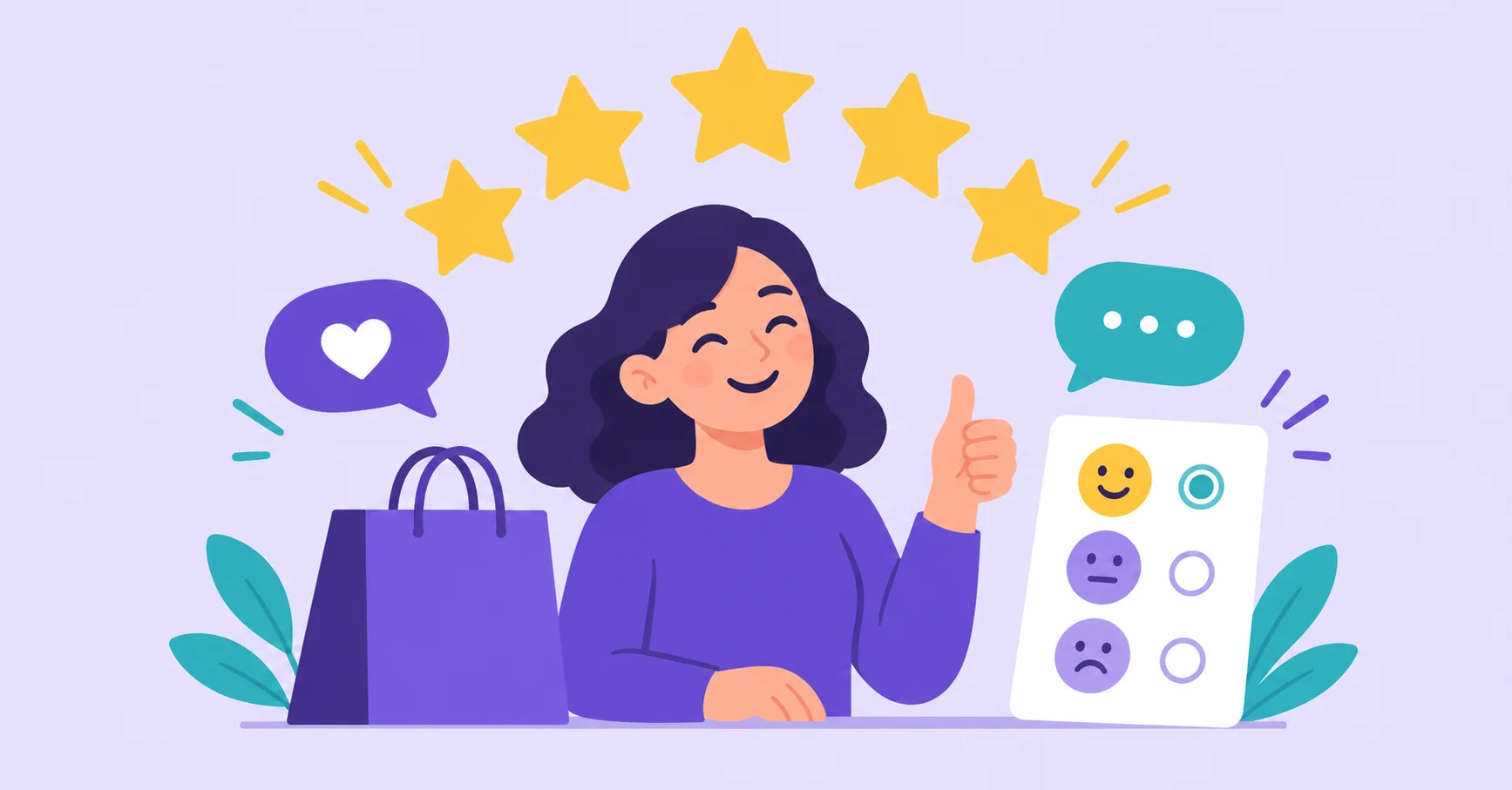 Happy customer with shopping bag, rating stars and a satisfaction survey