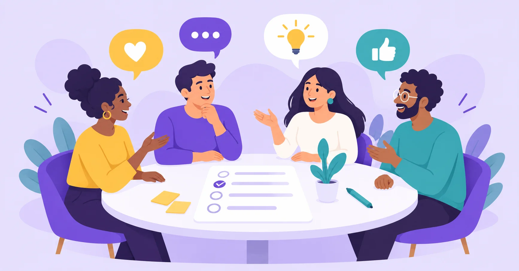 Four people discuss a survey around a table with opinion bubbles above them.