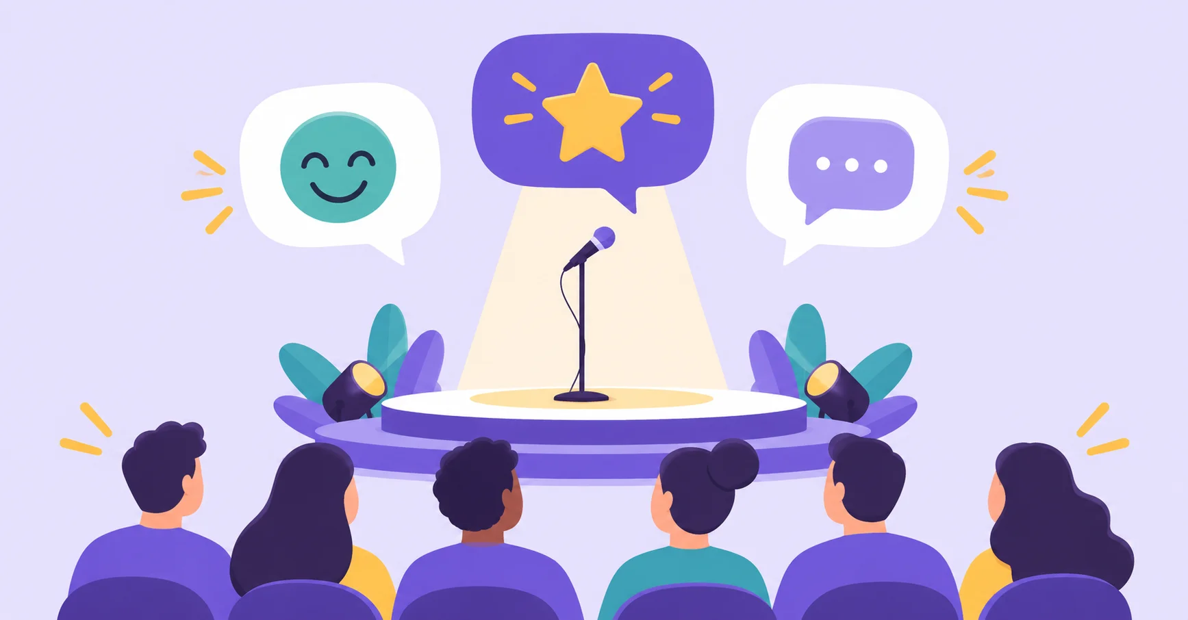 Event audience facing a stage beneath attendee feedback bubbles