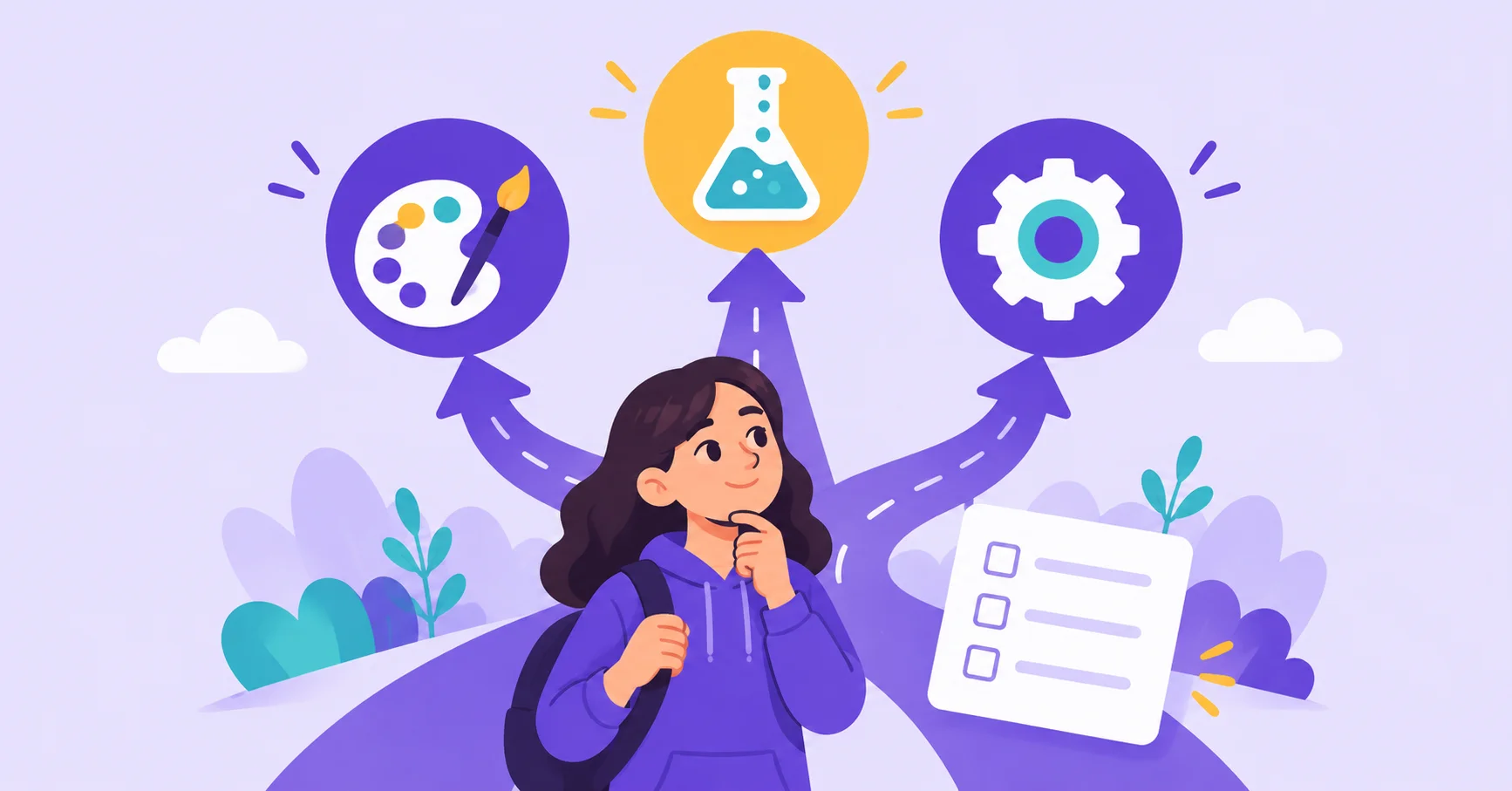 A student considers career paths represented by art, science and engineering icons.
