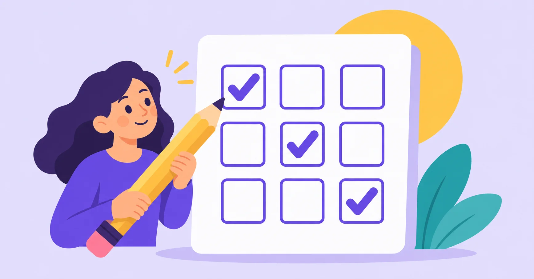Person holding a pencil beside a three-by-three checkbox grid