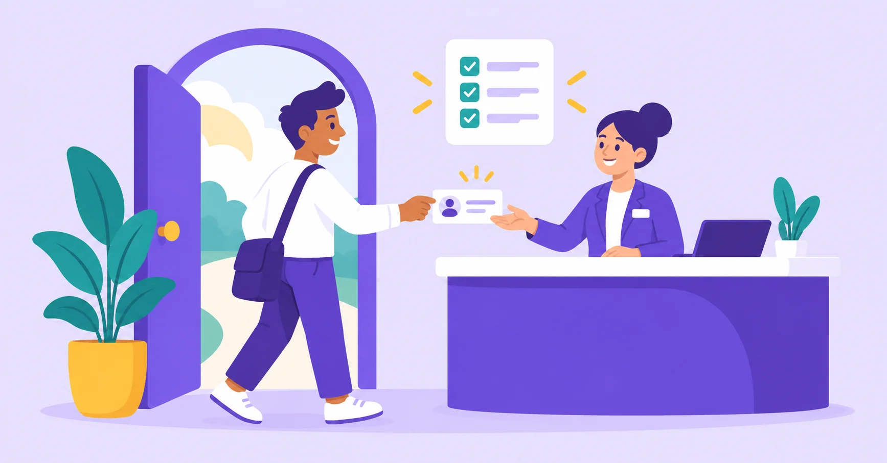 New client handing an information card to a receptionist