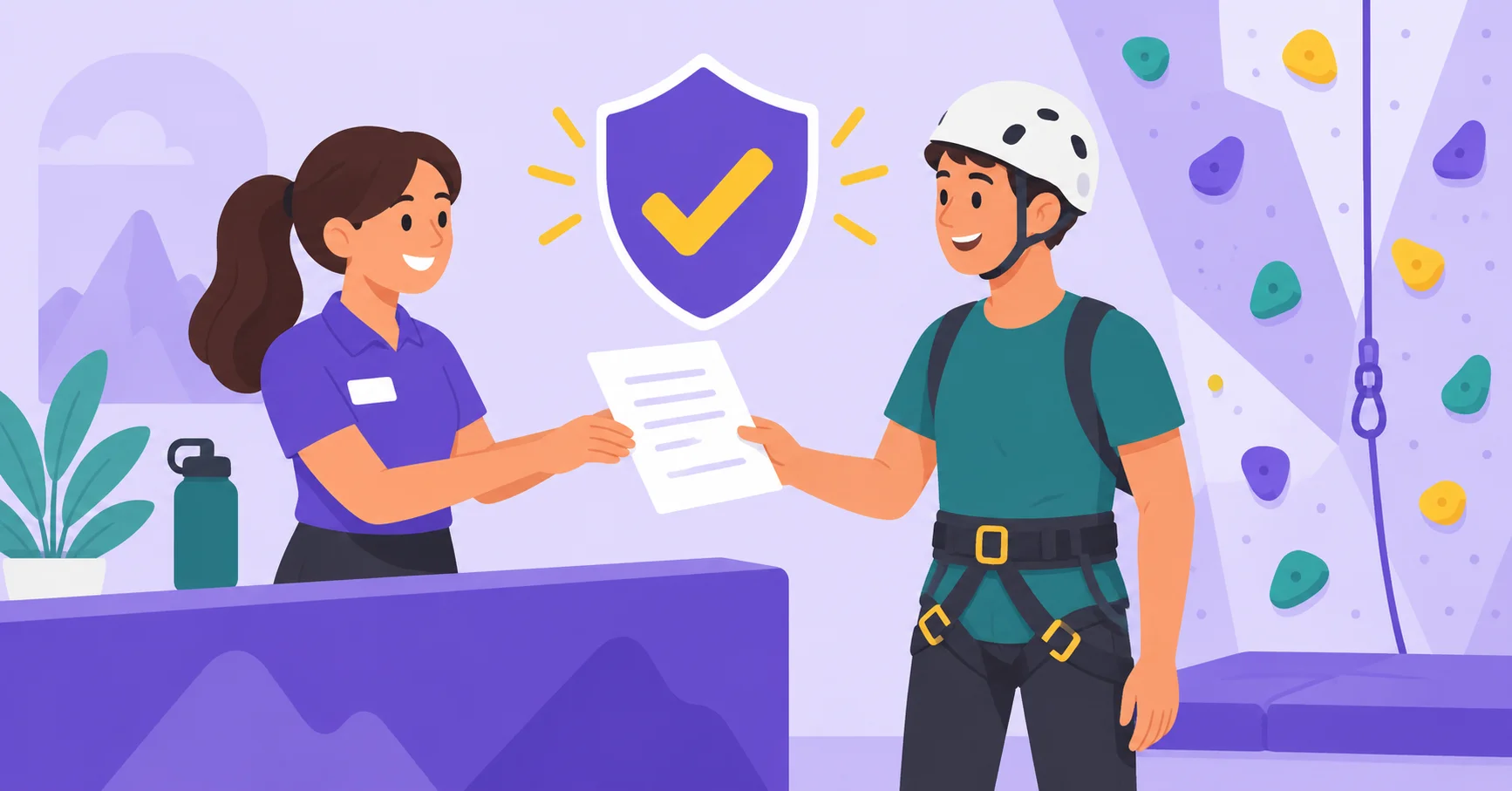 A climber and staff member reviewing a waiver beside a protective shield