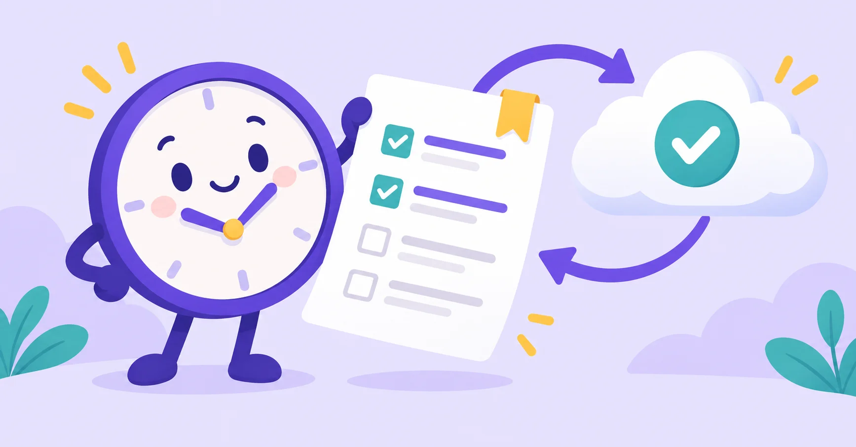 A survey sheet with a bookmark, clock, and saved cloud