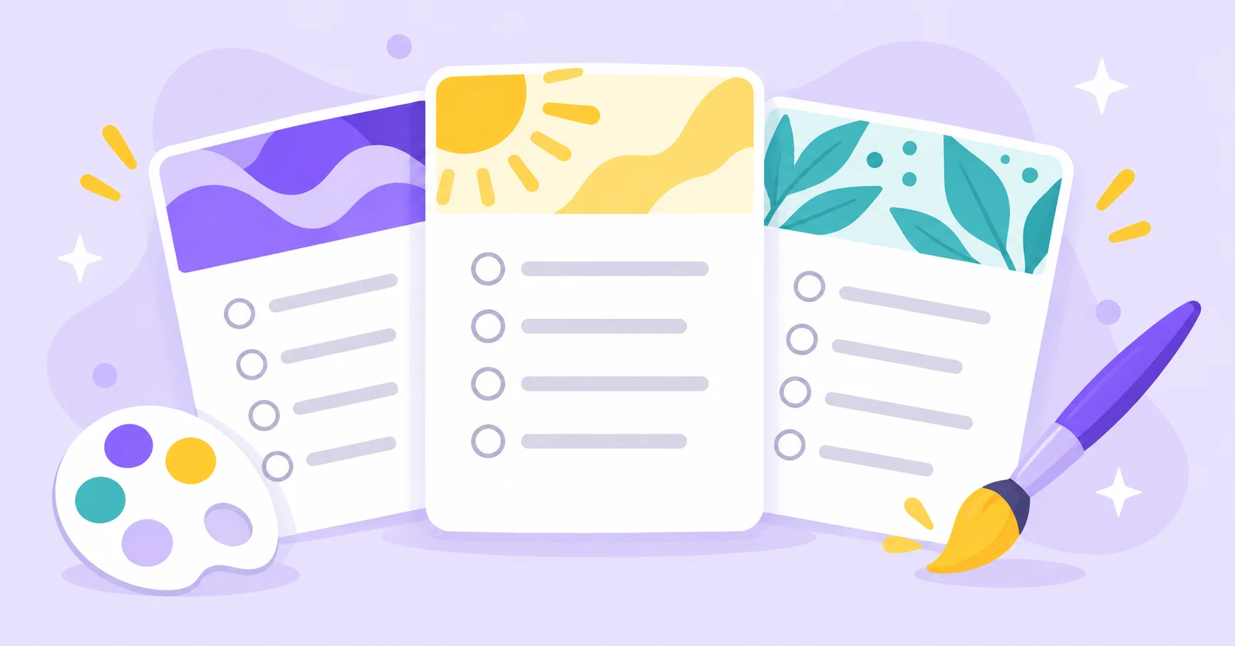 Survey cards decorated with different colors and abstract header themes