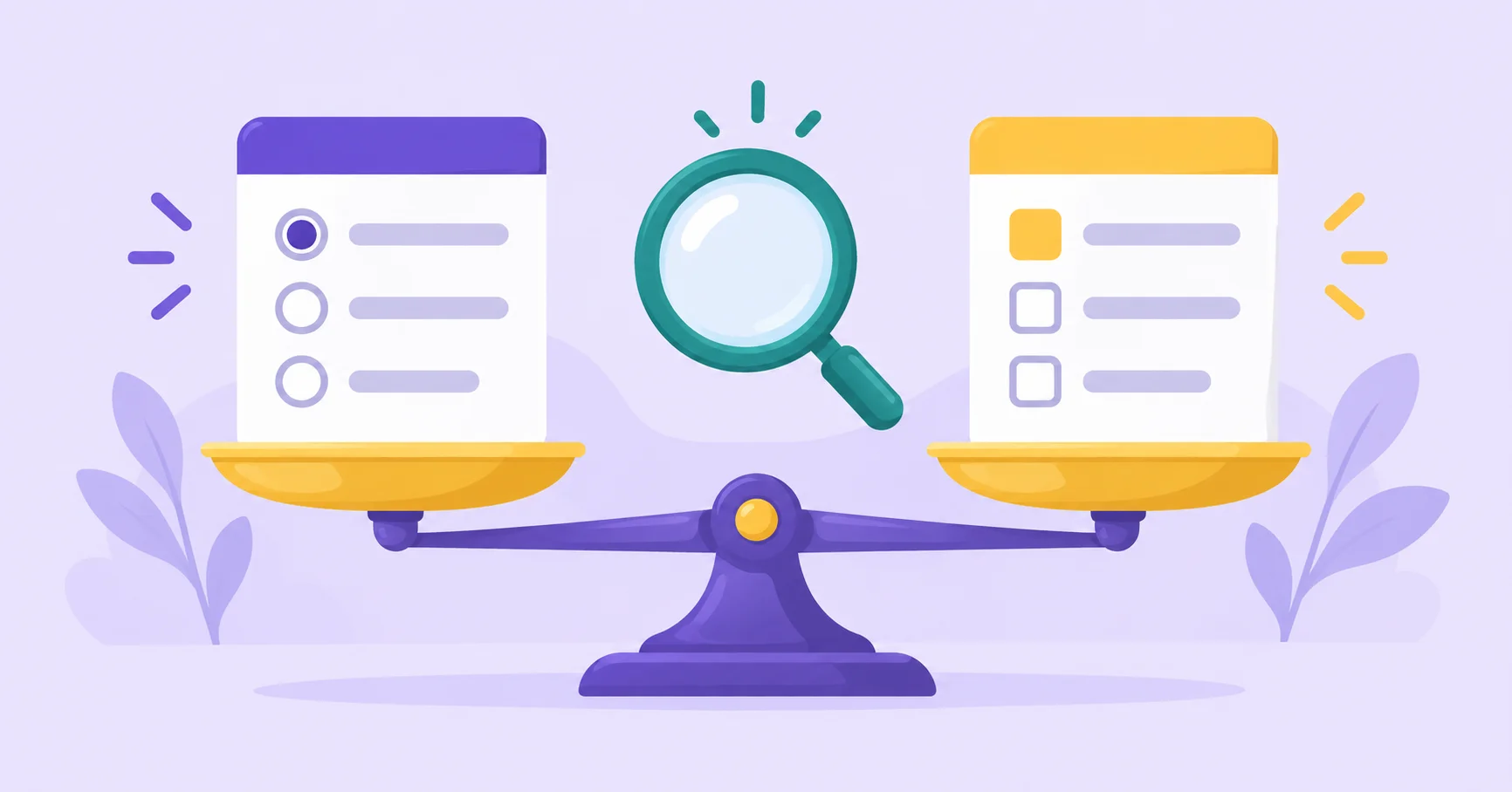 Two illustrated survey formats balanced on a comparison scale