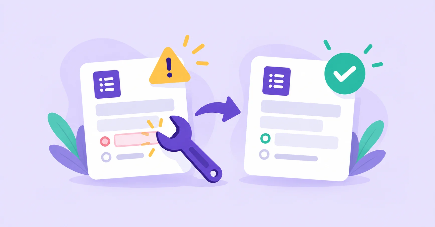 A wrench repairs a form with a warning symbol, leading to a form with a completion check.