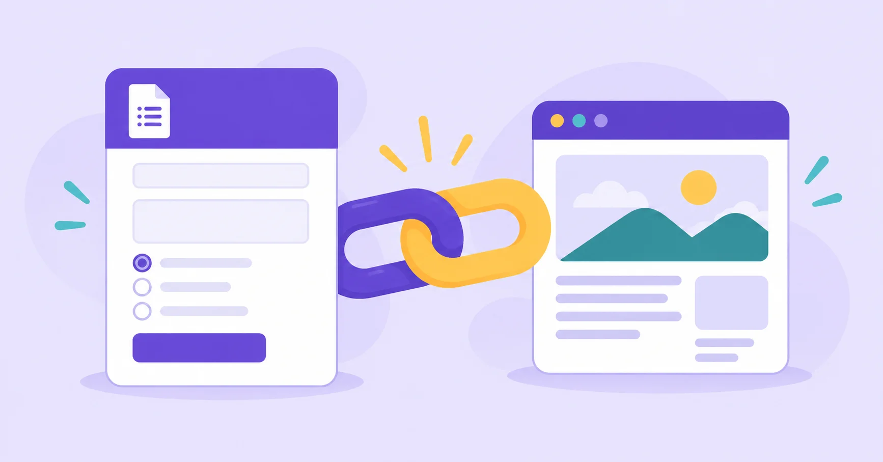 Purple and yellow chain links connect a form card to a webpage.