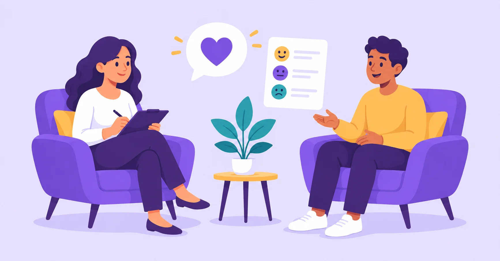 Counselor and client with a mental health assessment and emotion icons