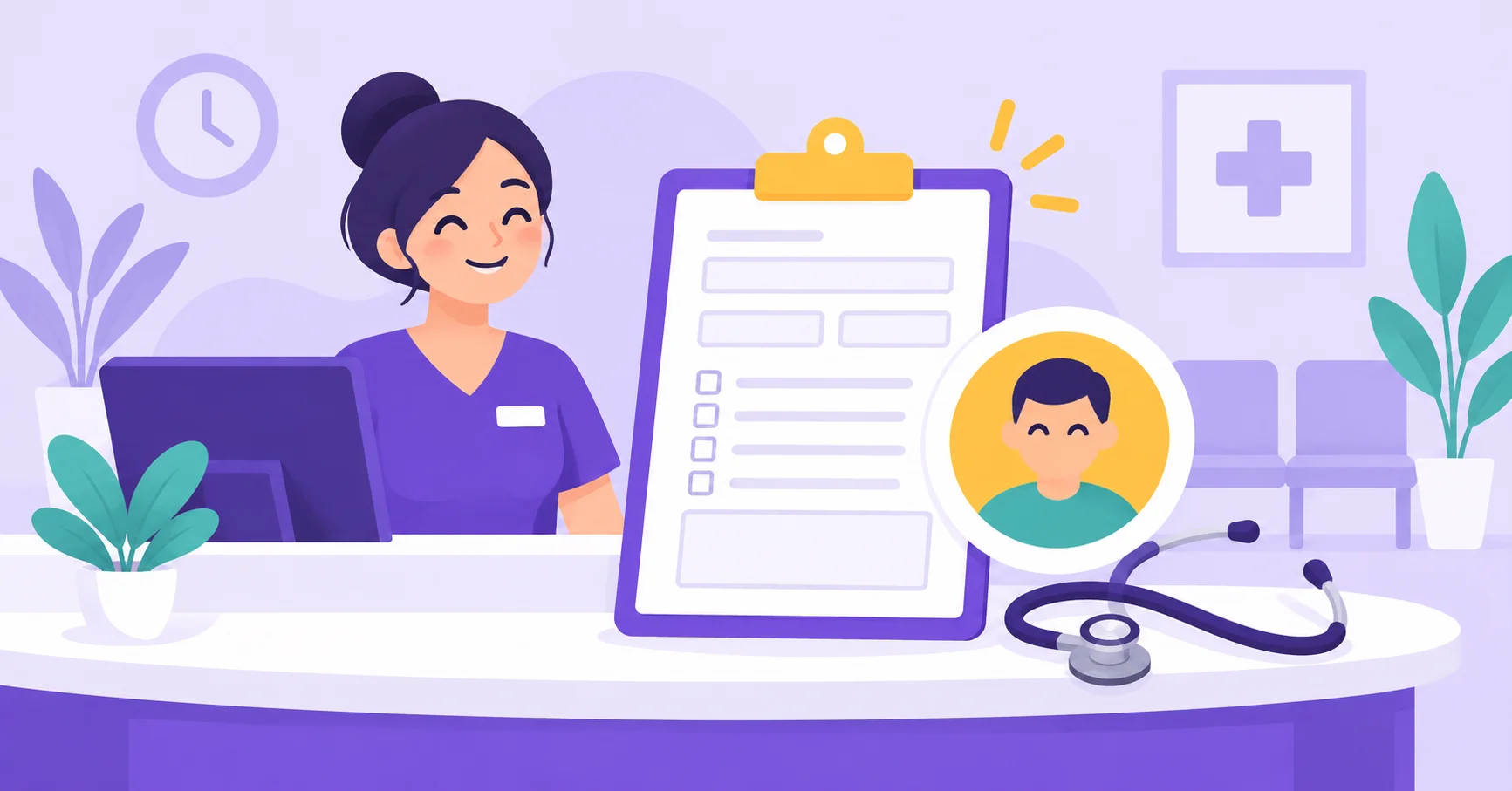 A healthcare receptionist beside a patient intake clipboard, profile icon and stethoscope.