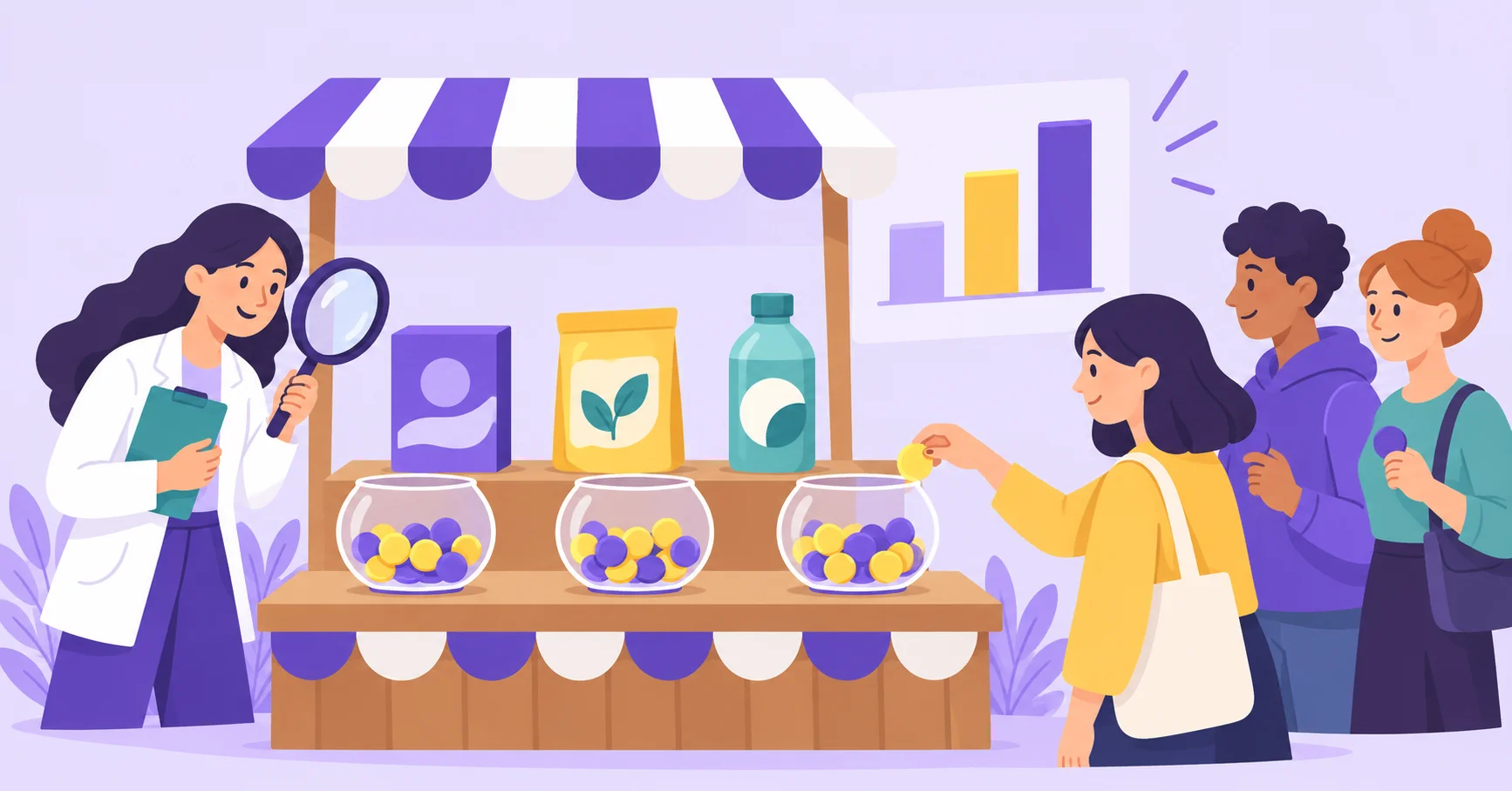 A researcher collecting customer preferences at a product display