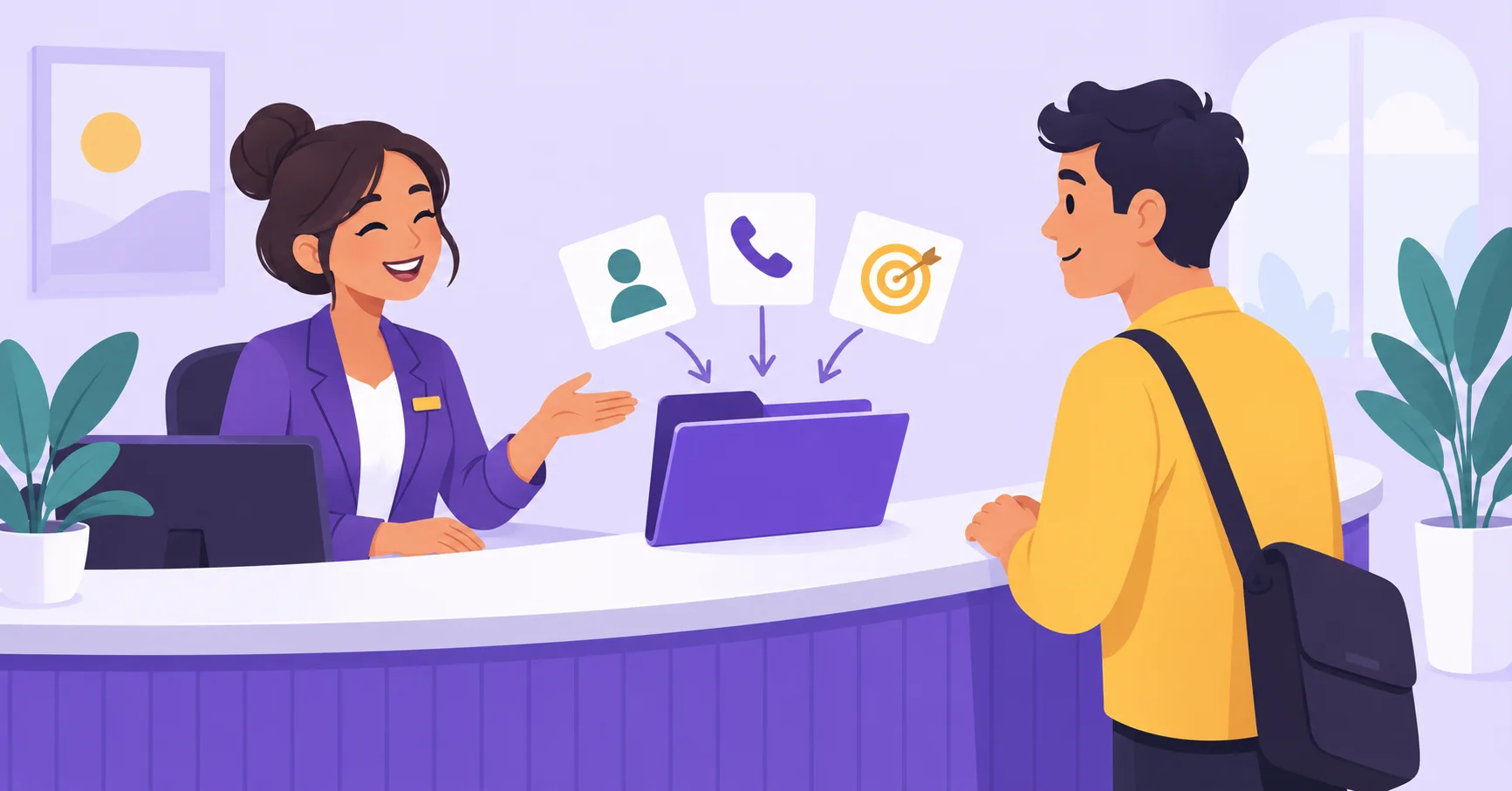 A receptionist welcoming a client with organized intake information