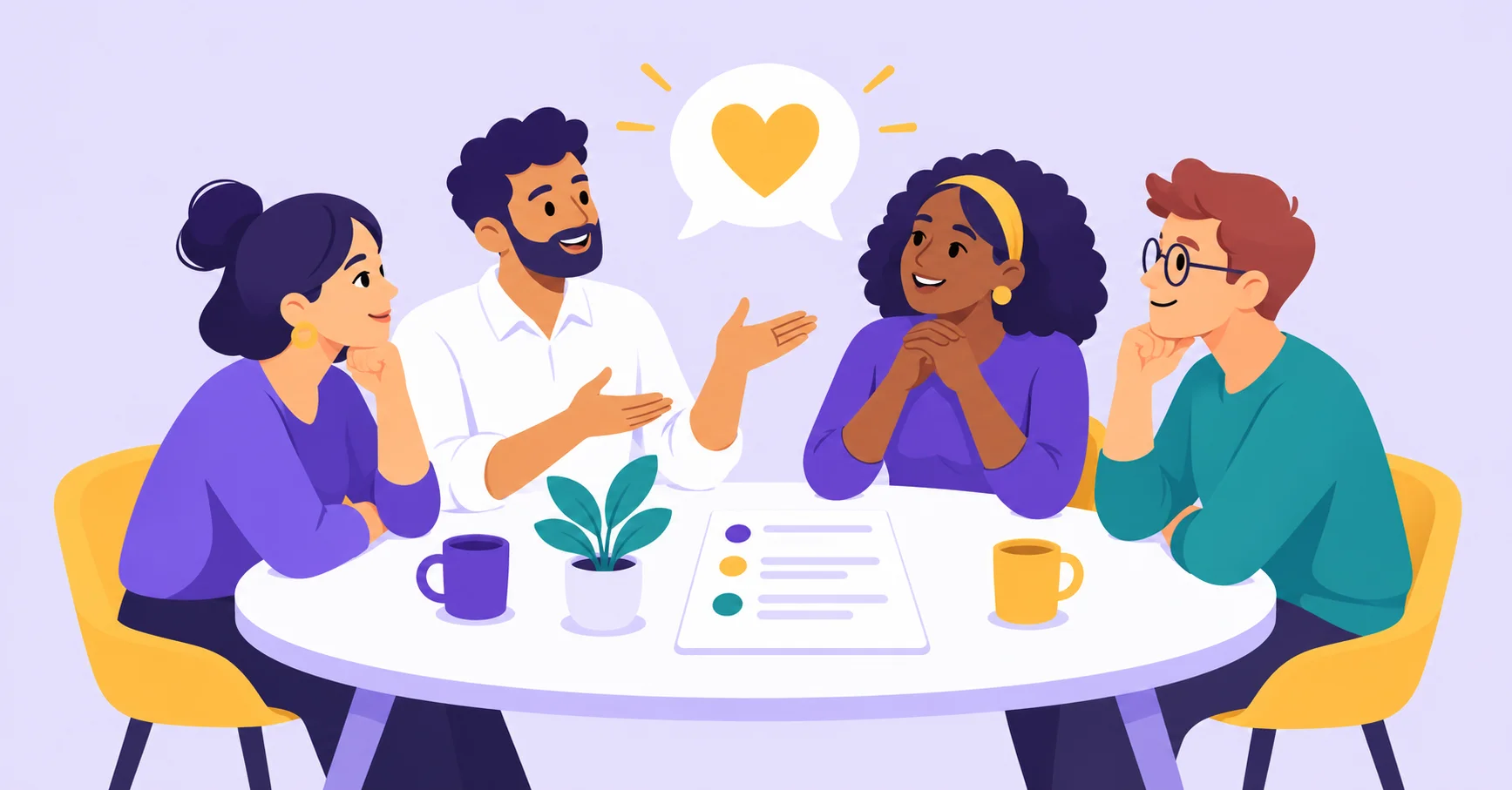 Four colleagues discussing an employee survey around a table