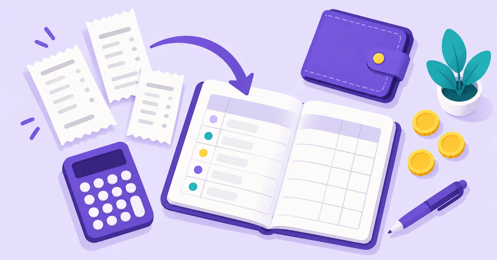 Receipts and business expenses organized into a ledger