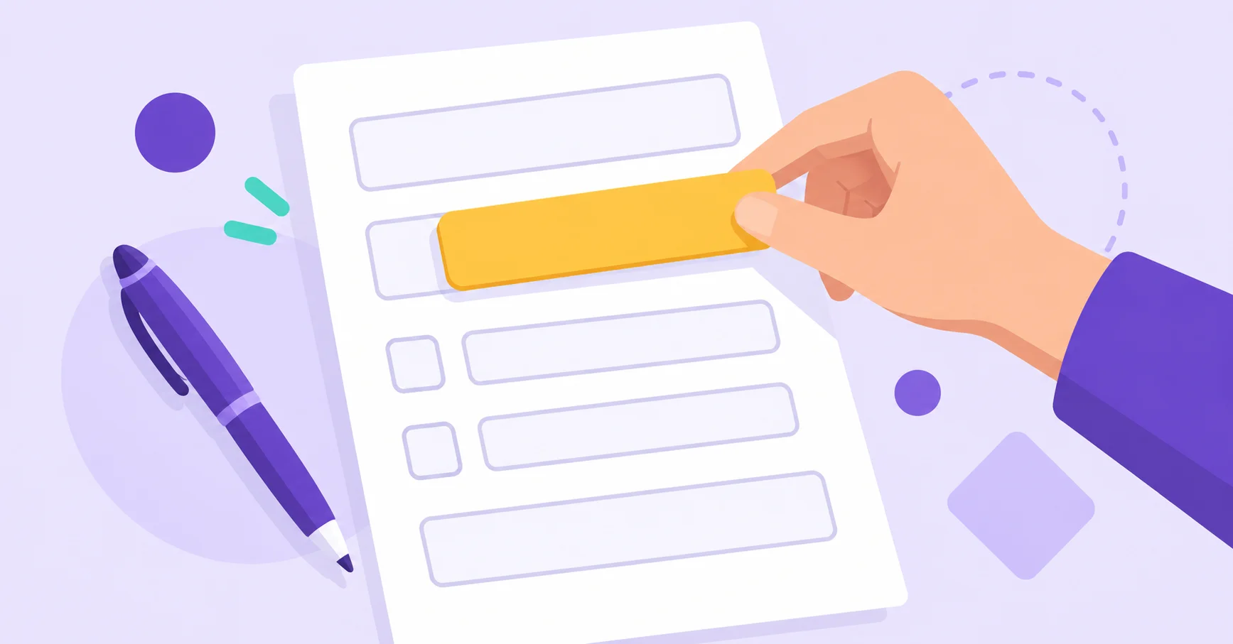 A fillable document with empty fields and a purple pen