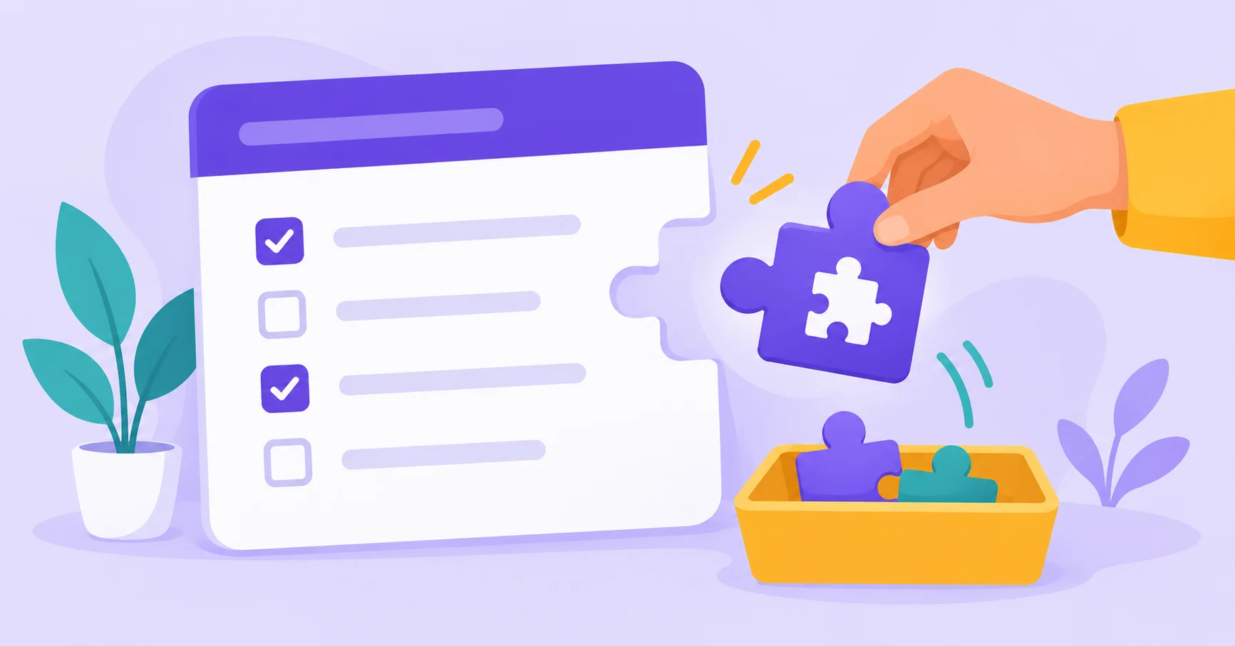 A hand removing a purple puzzle piece from an illustrated form