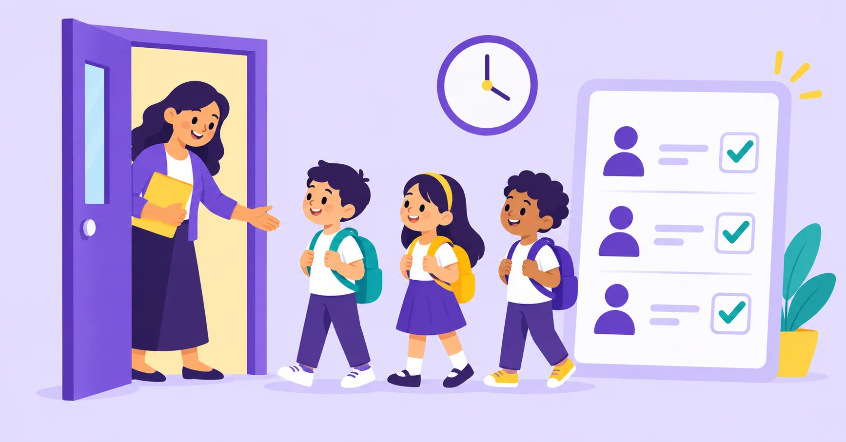 Teacher welcoming students beside a checked attendance register
