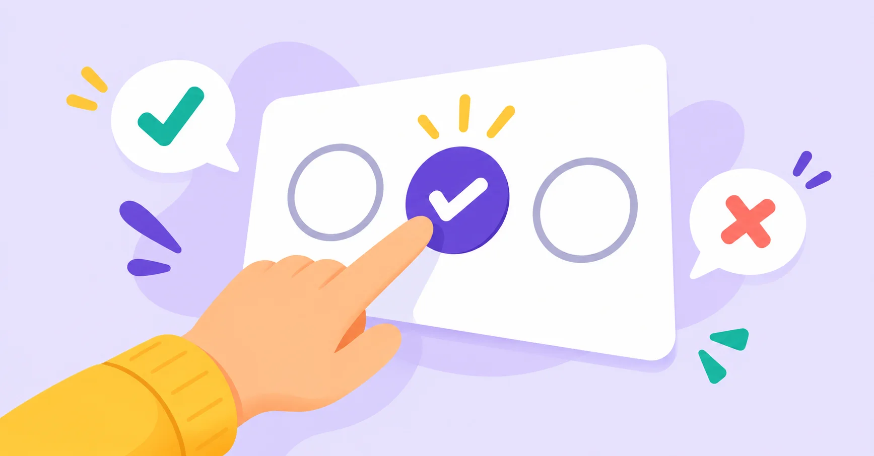 A hand selecting one of three closed survey choices