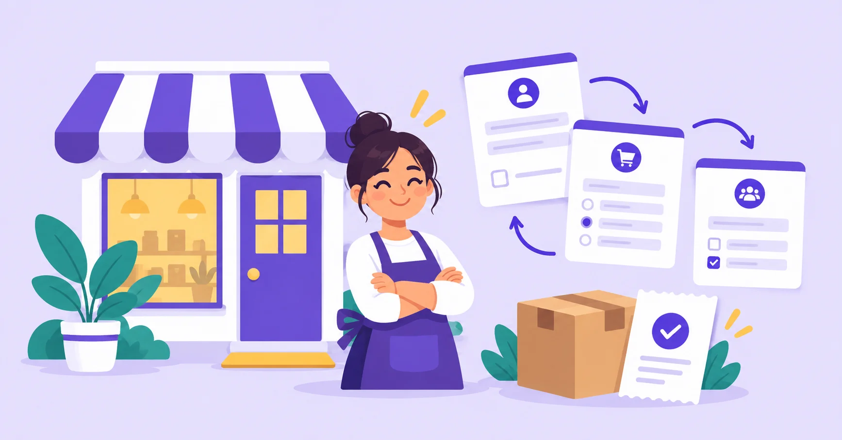 Shop owner with small business forms, a parcel and a checked receipt