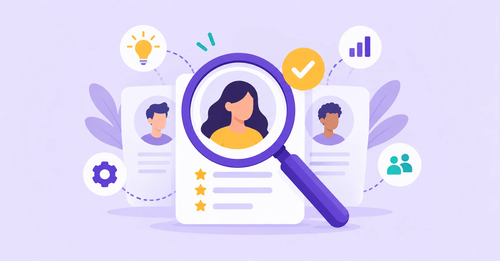 A magnifying glass highlights a candidate profile surrounded by skill and approval symbols.