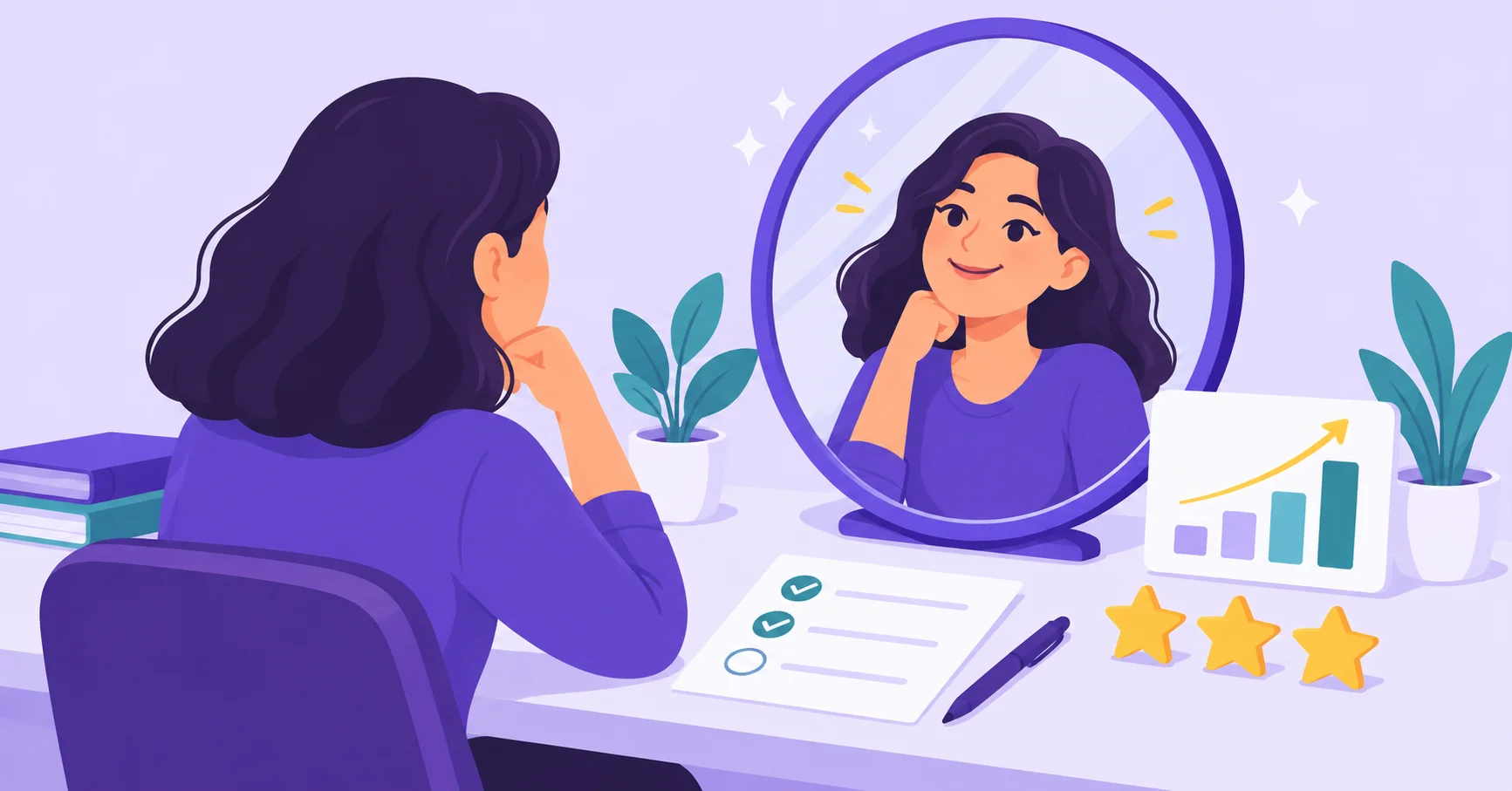 An employee reflecting on their progress with a mirror and rating stars
