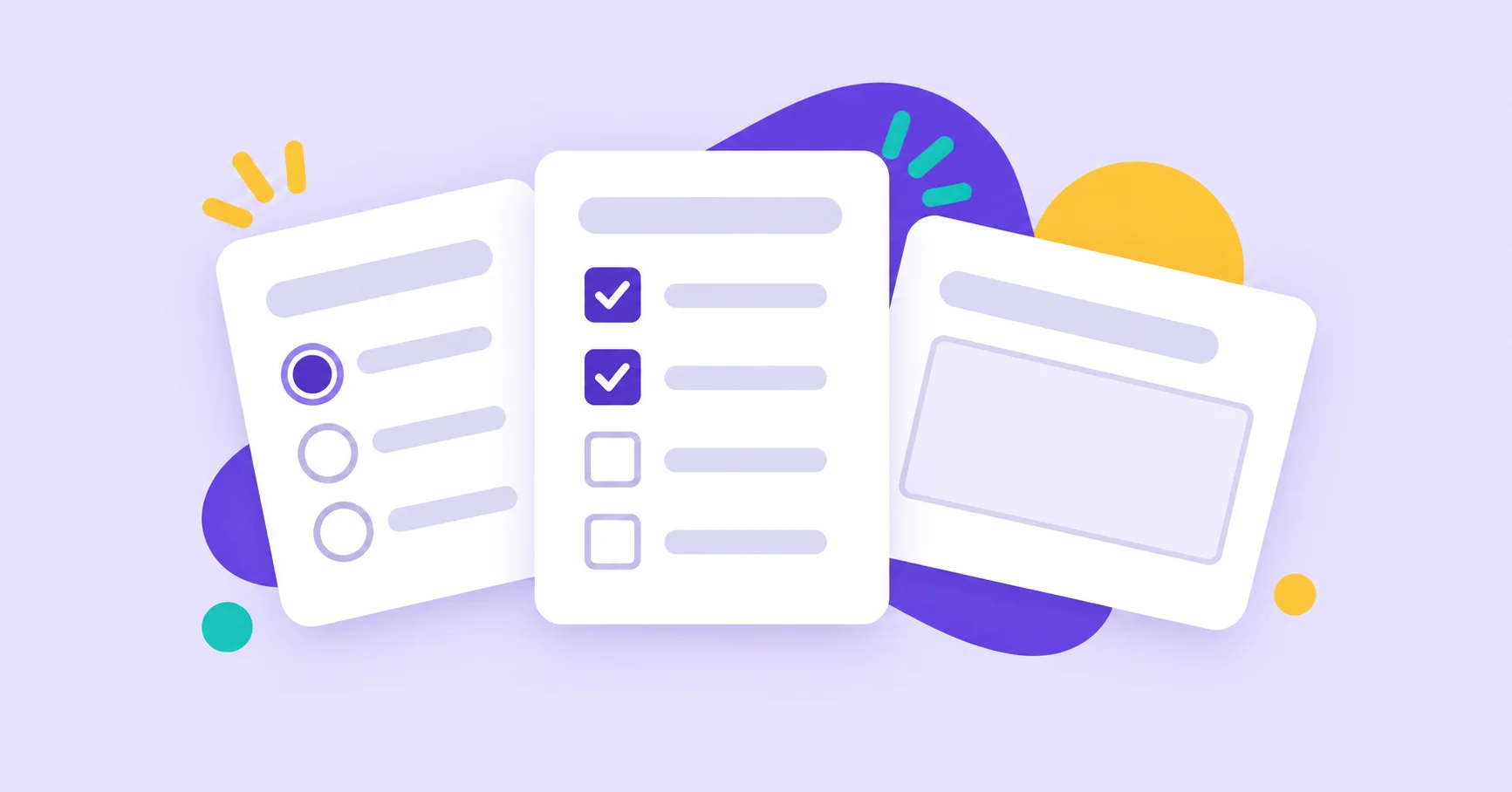 Three survey cards show single-choice circles, checkboxes and an open response field.