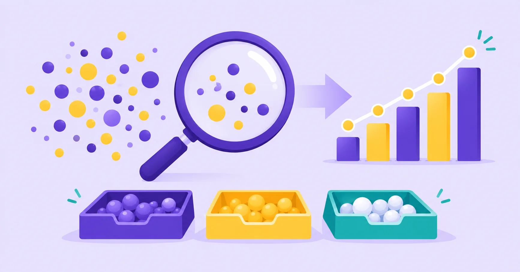 A magnifying glass turning scattered data into an organized chart